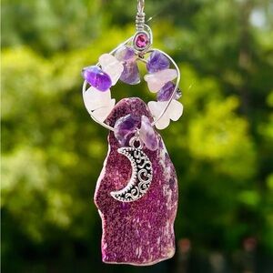 NEW! boho purple jasper, amethyst, rose quartz crystals moon charm necklace